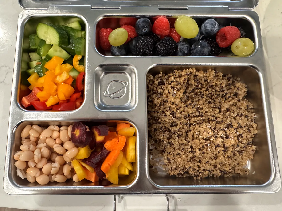 A steel bento box holding quinoa, cucumber and peppers, white beans, and berries with grapes
